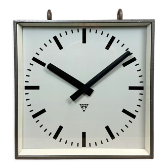 Square industrial double-sided factory hanging clock from pragotron, 1970s