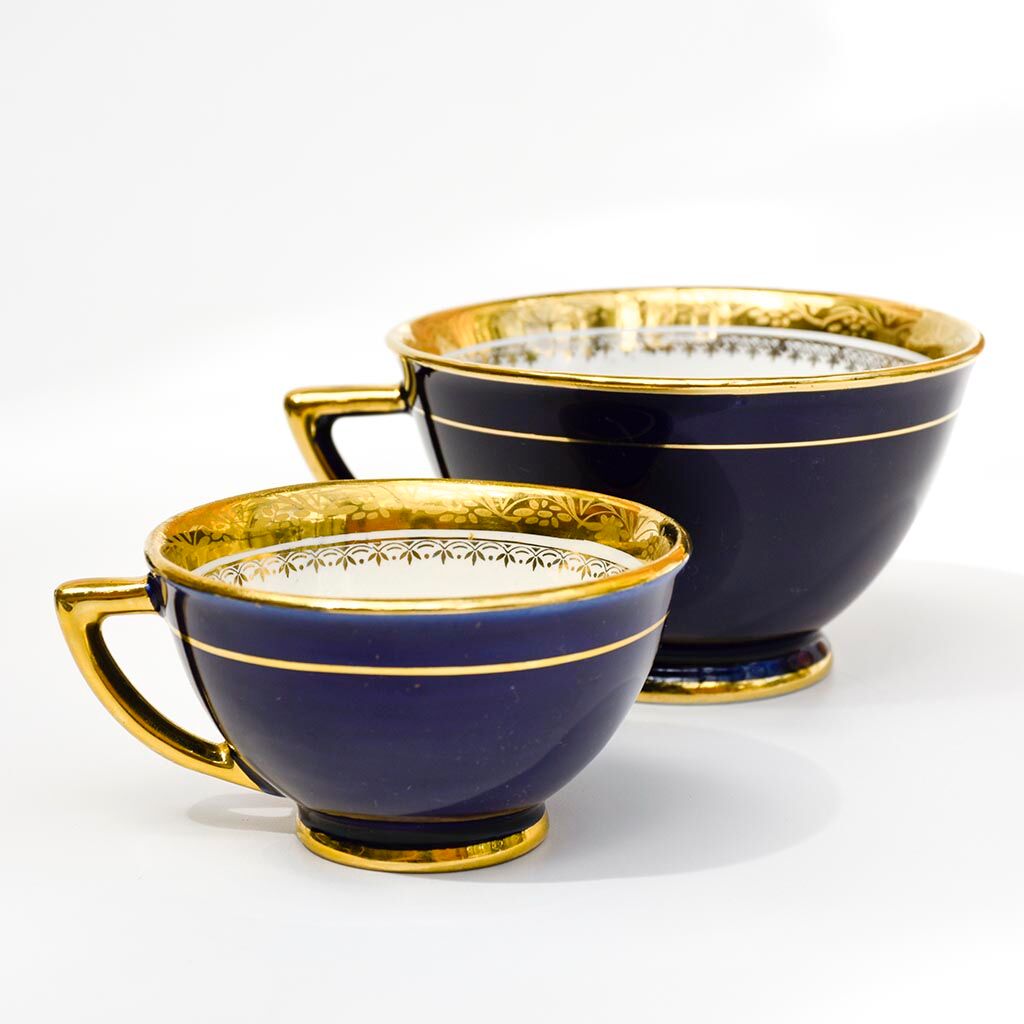 Coffee service Kréma Lafitte Asnières porcelain gold blue ⋆ Brocante Chic