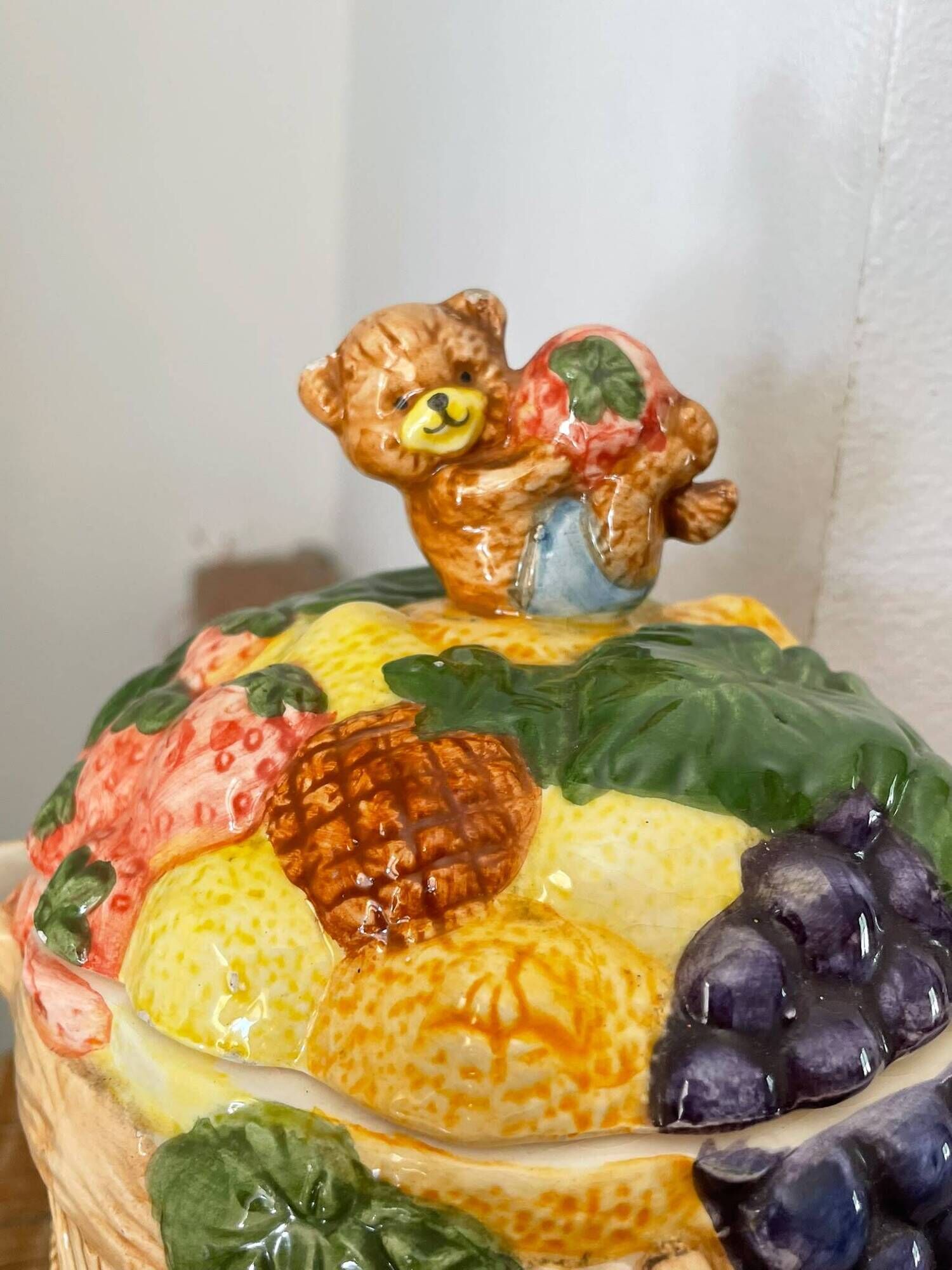 Vintage fruit and bear barbotine teapot
