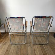 Pair of vintage camping chairs floral and wood fabrics 70s