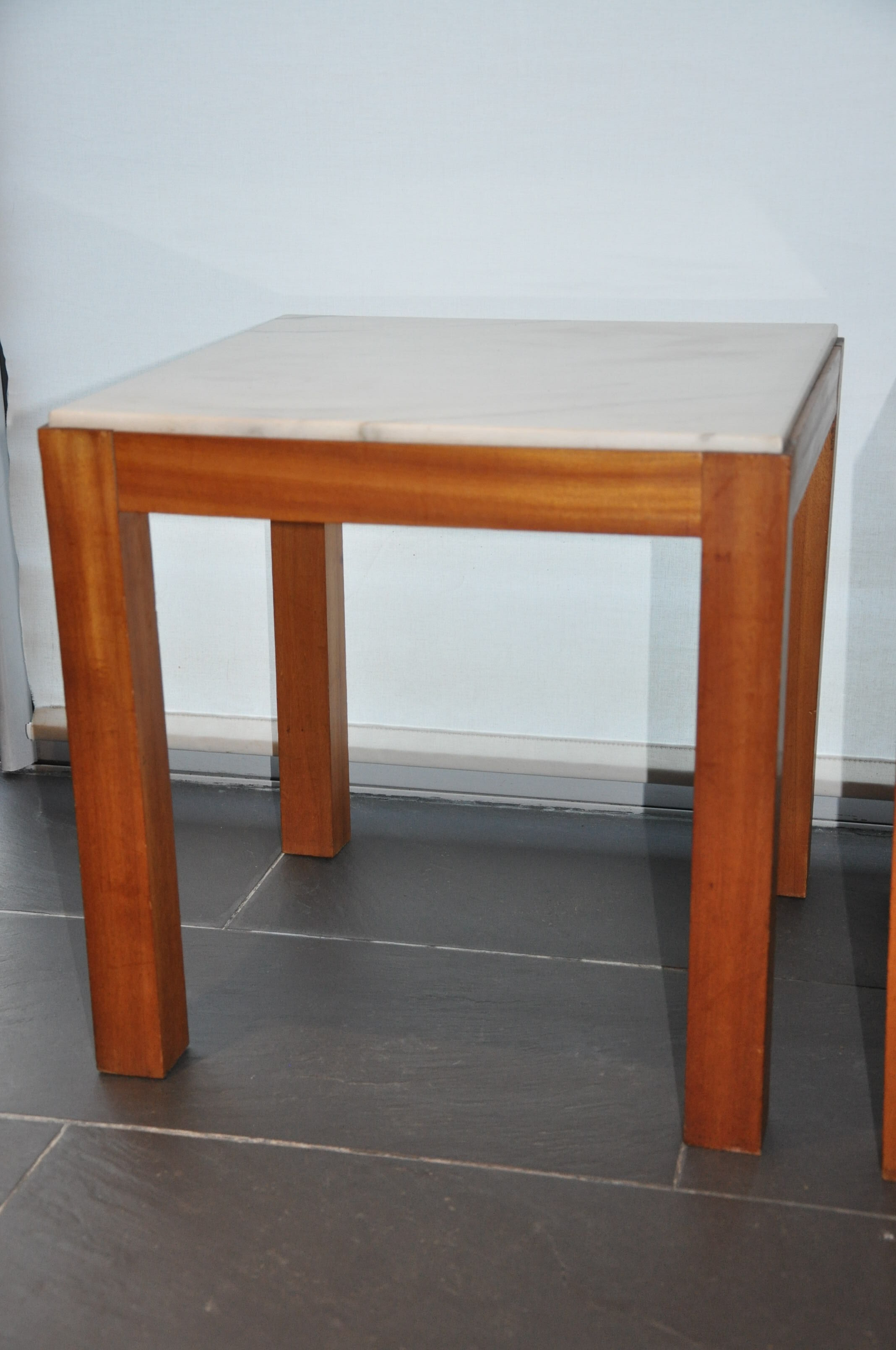 Pair of wooden and marble side tables