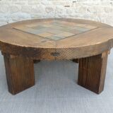 Coffee table, round, pine and sandstone tiles