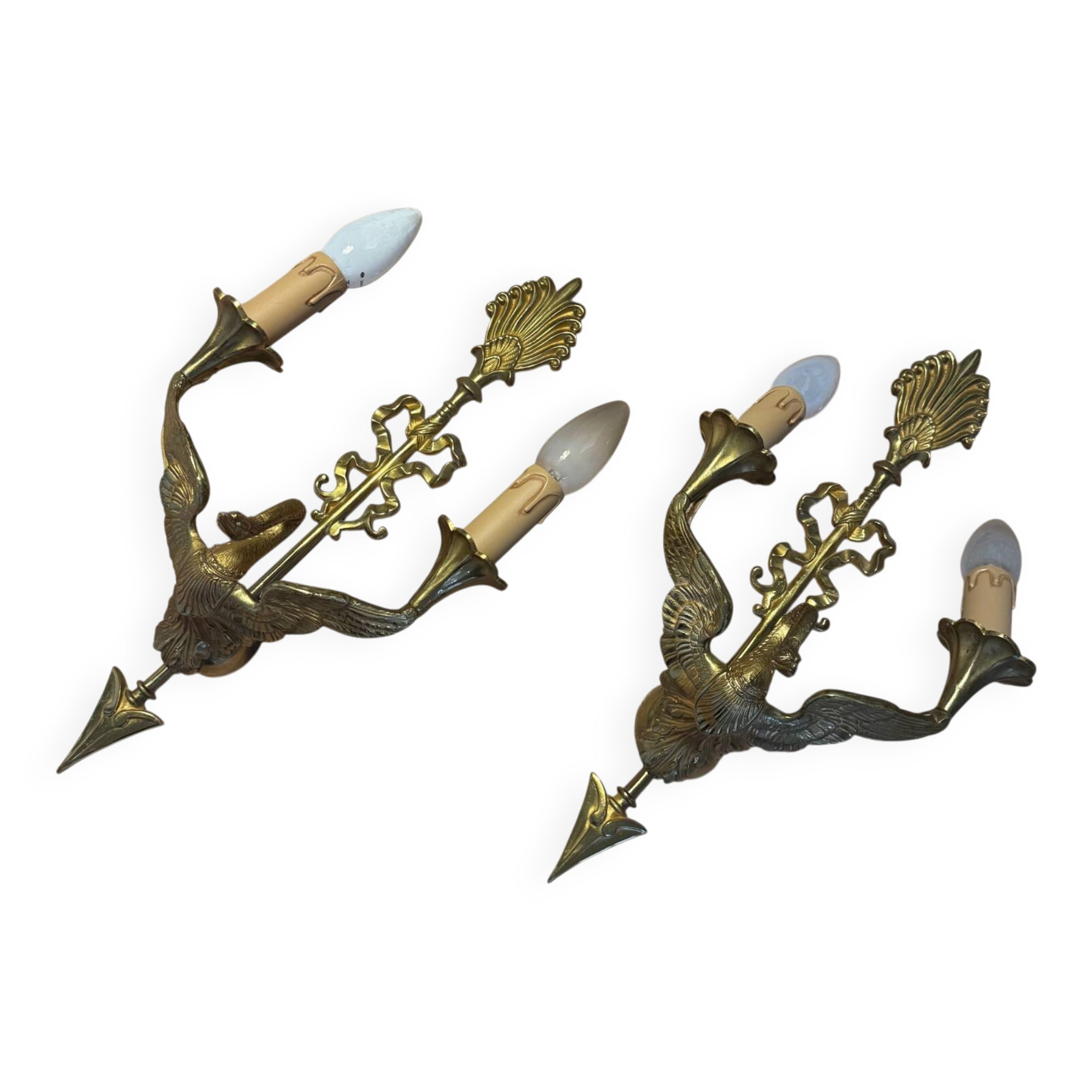 Paire d’appliques style Empire, cygne aux ailes déployées