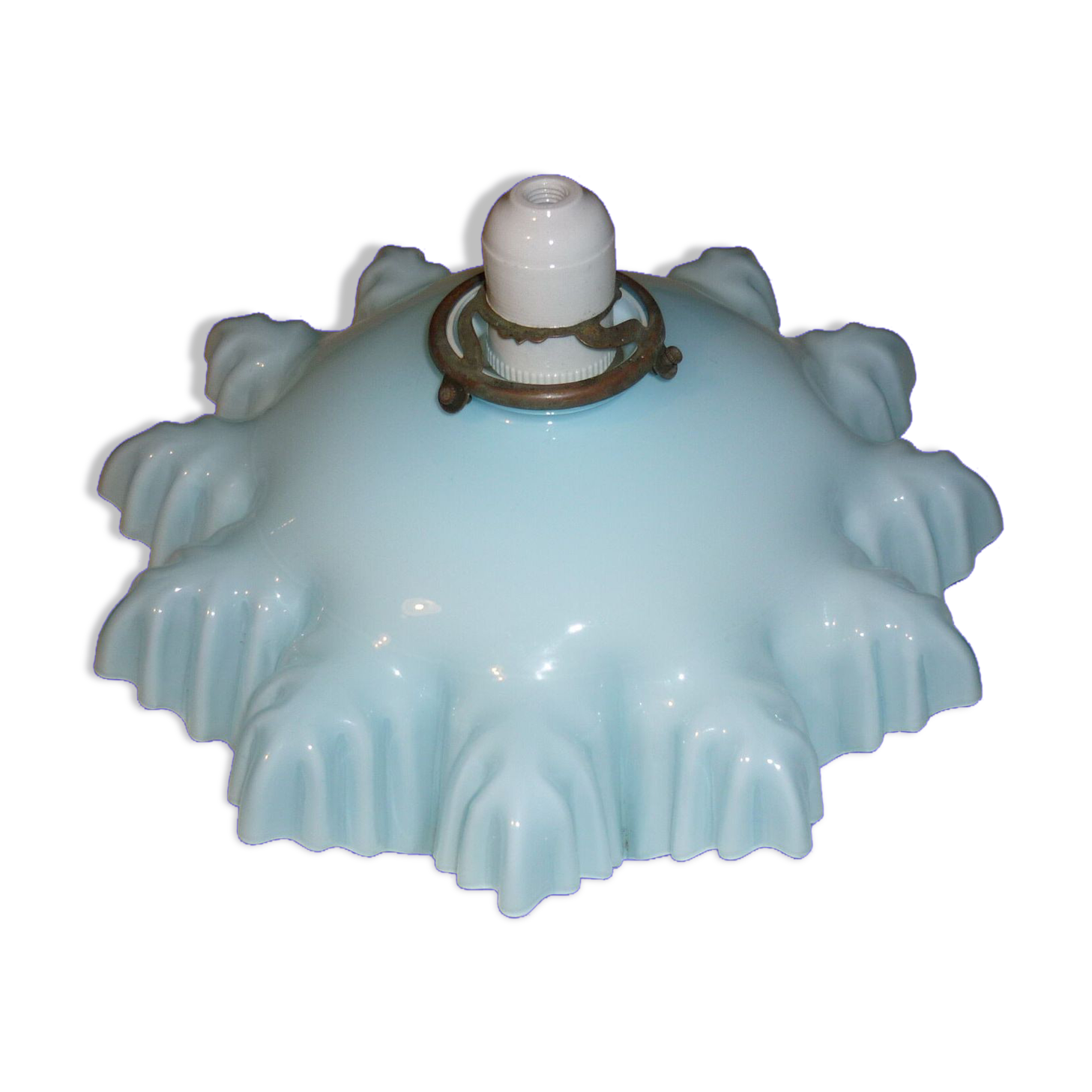 Suspension opaline drapée des années 30 bleue et blanche