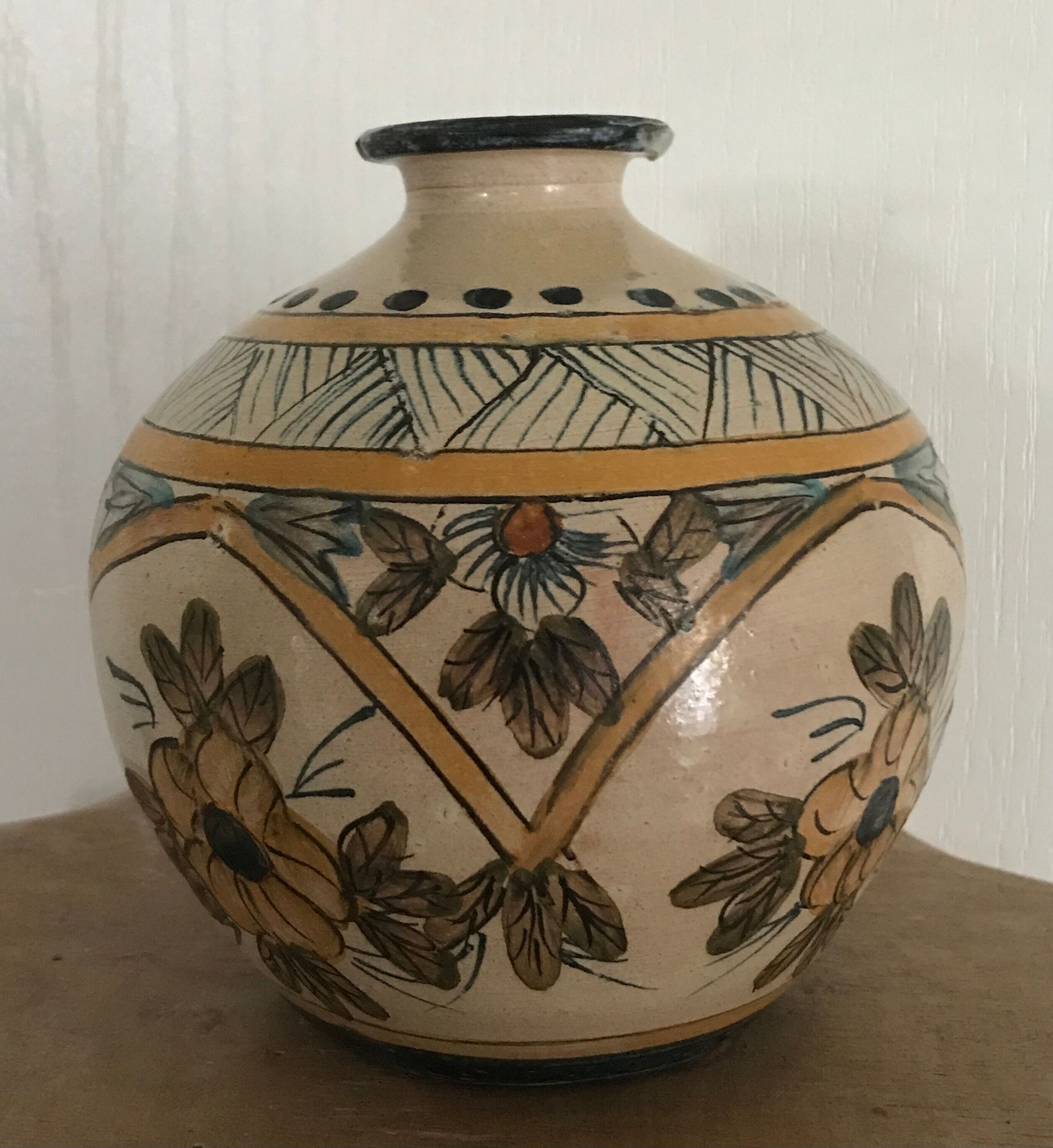 Vintage vase shaped terracotta ball with handheld paint decoration polychrome signed