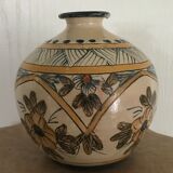 Vintage vase shaped terracotta ball with handheld paint decoration polychrome signed