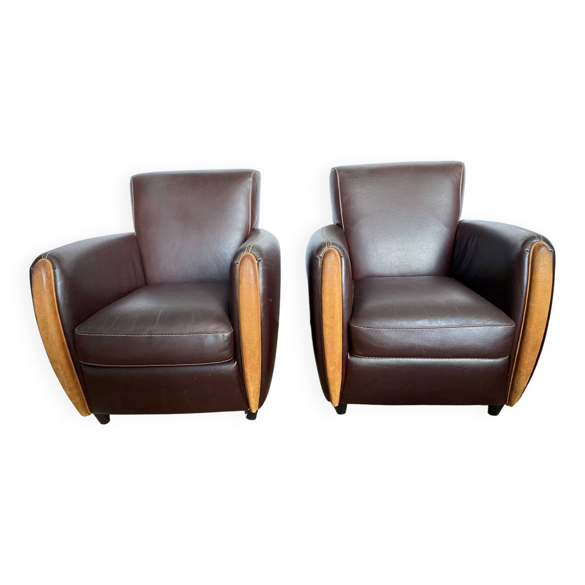 Pair of vintage brown leather club armchairs from the 70s