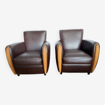 Pair of vintage brown leather club armchairs from the 70s