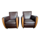 Pair of vintage brown leather club armchairs from the 70s