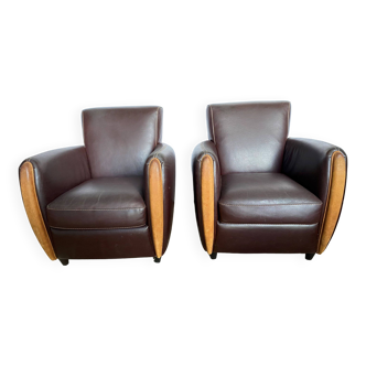 Pair of vintage brown leather club armchairs from the 70s