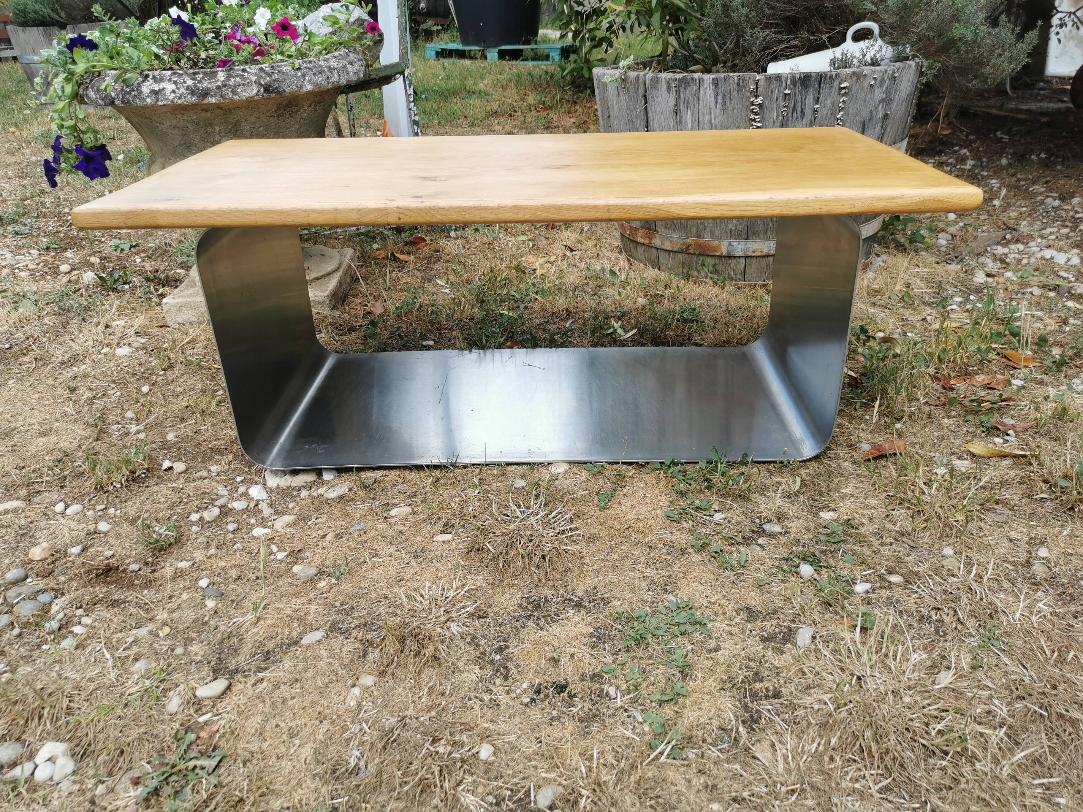 Designer coffee table in brushed stainless steel and light-tinted solid oak top