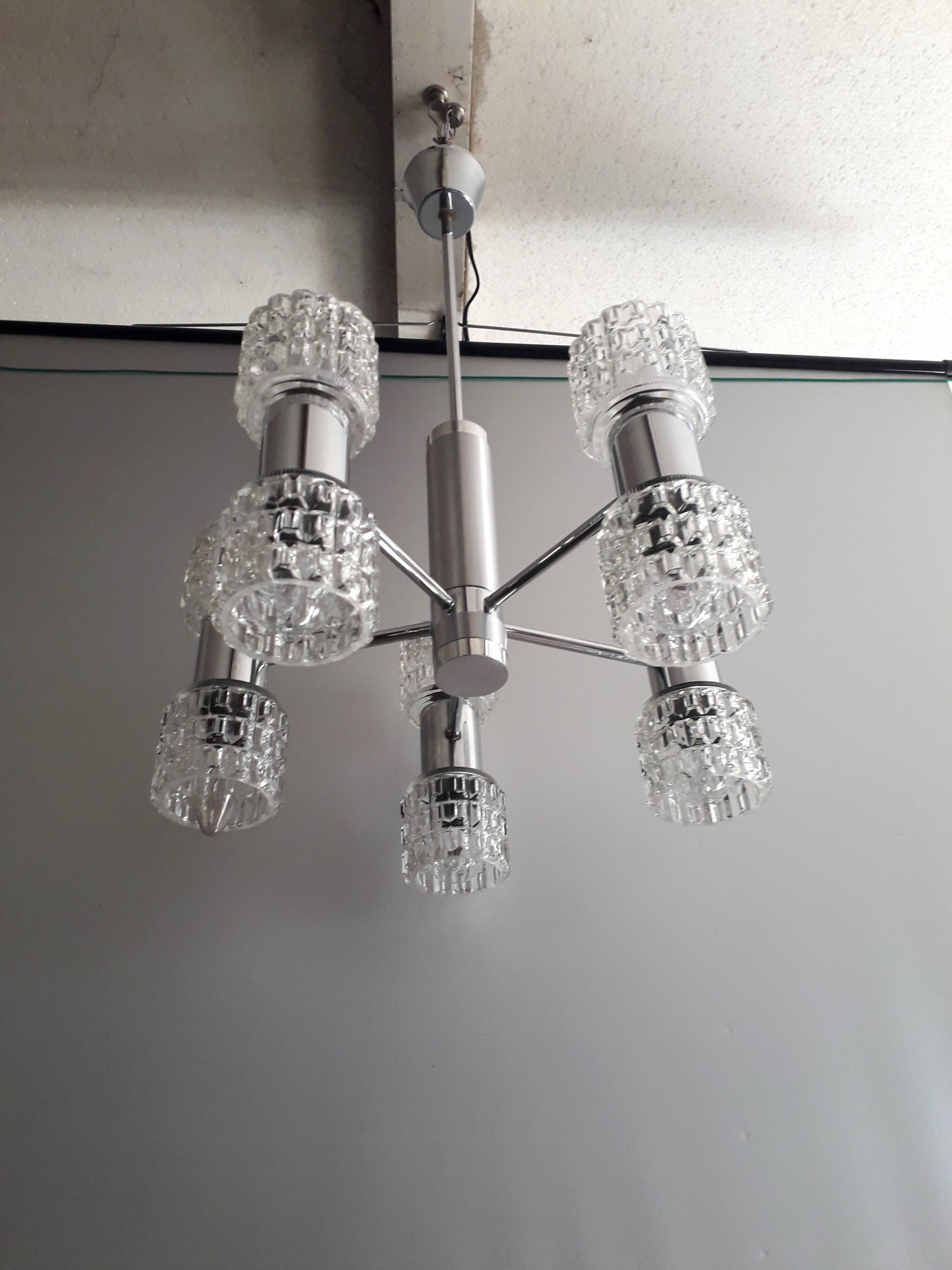Vintage chandelier - 10 Lights - chrome metal and glass - 1970s