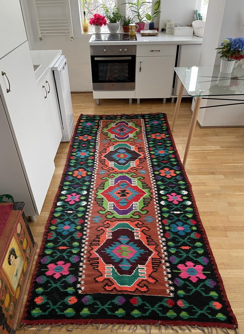 Moldavian runner rug with stylized flowers and geometric design