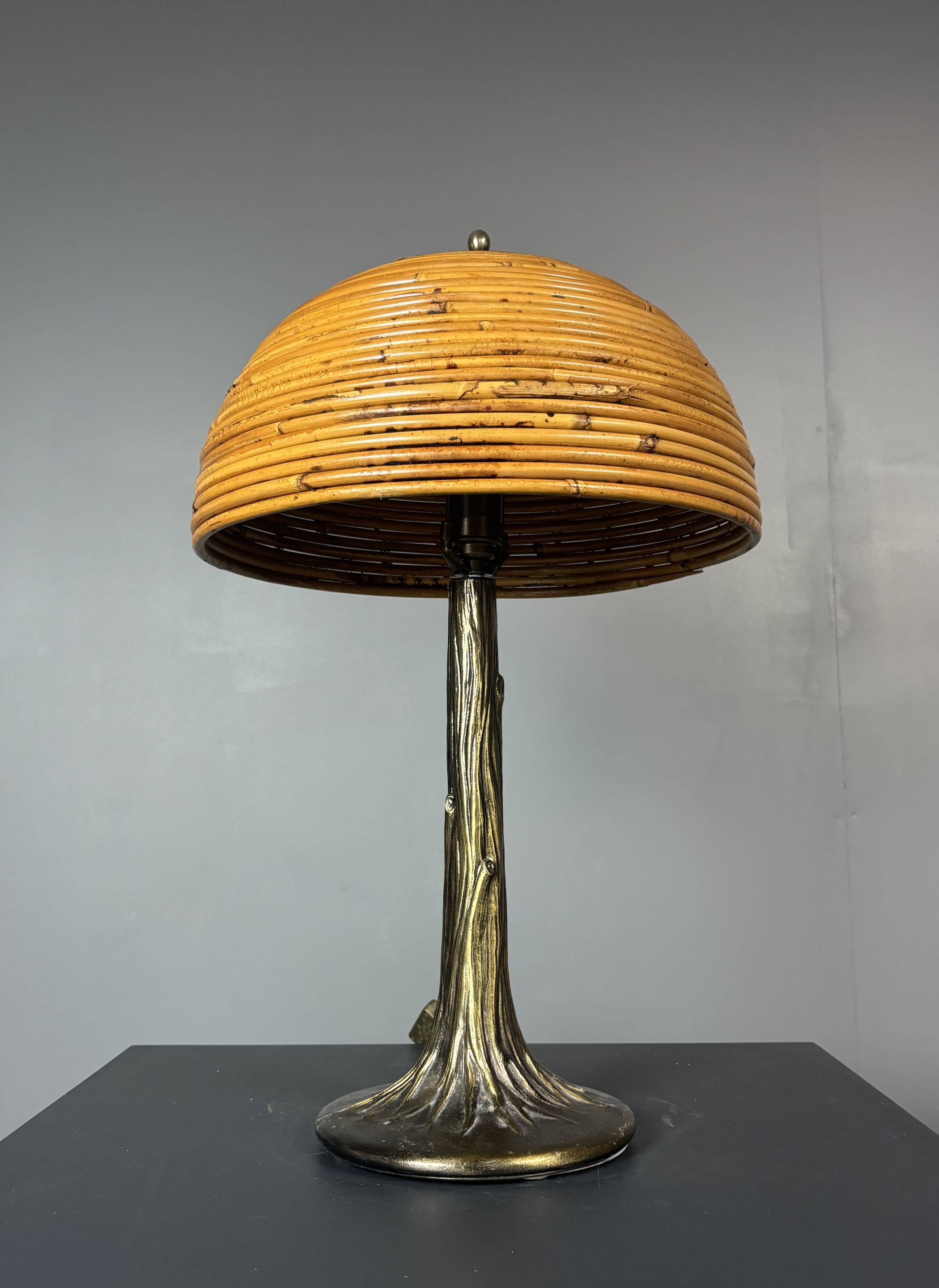 Mid-Century Pencil Reed Rattan Bamboo and Brass Table Lamp, 1970s