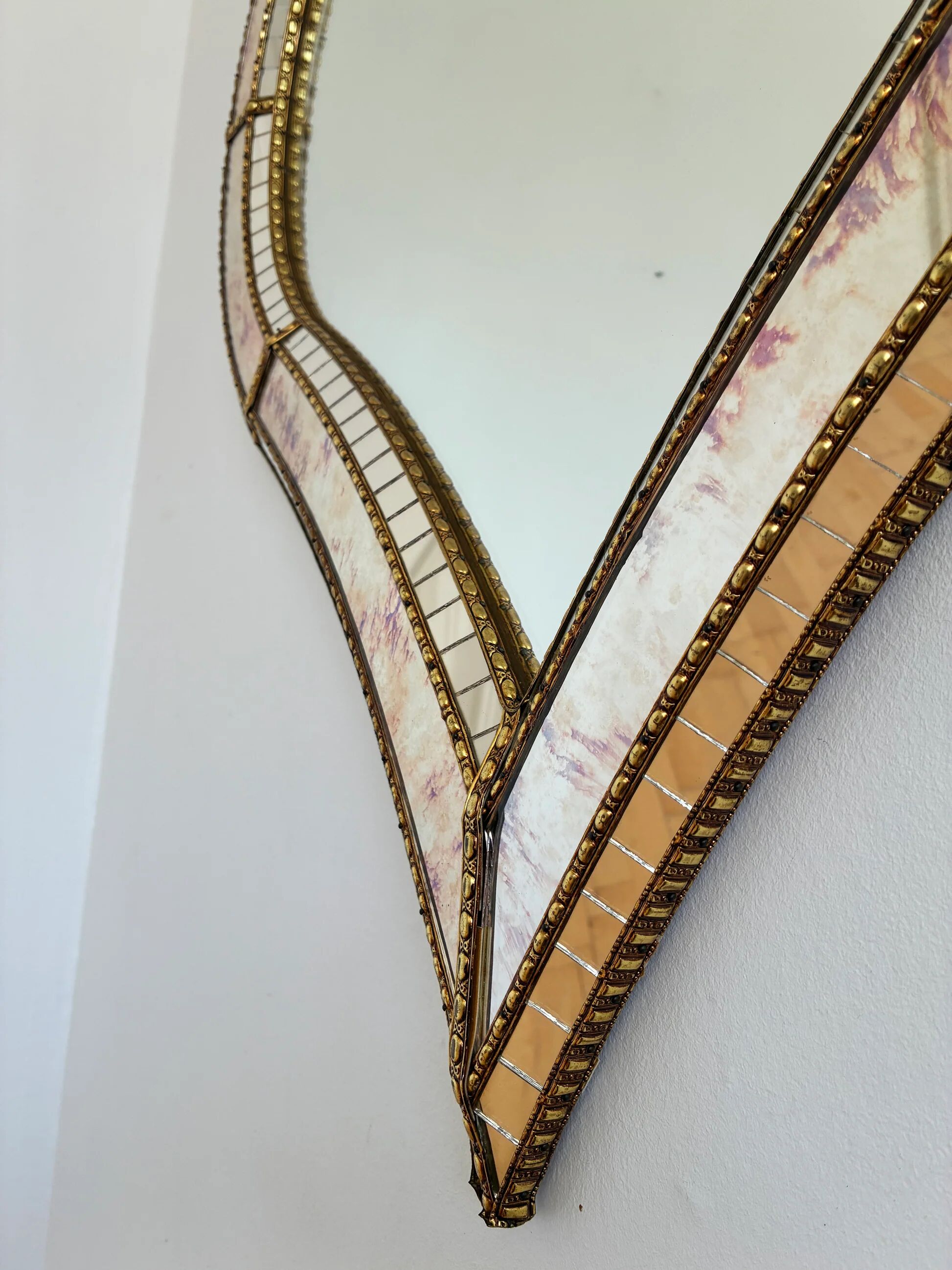 Large vintage Spanish Venetian-style wall mirror, brass, 1980s Hollywood Regency