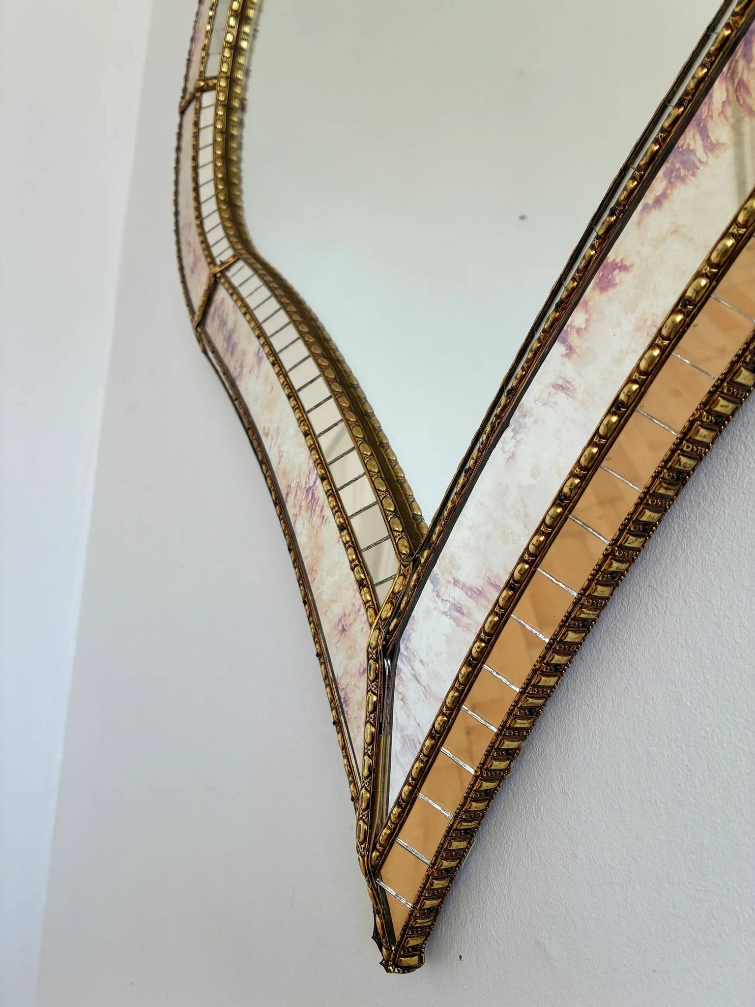 Large vintage Spanish Venetian-style wall mirror, brass, 1980s Hollywood Regency