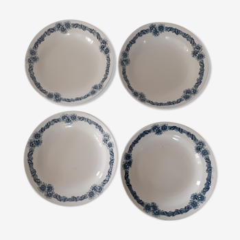 4 Assiettes anciennes faience Longchamp Fleurs bleues modèle Denise