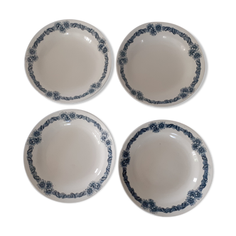 4 Assiettes anciennes faience Longchamp Fleurs bleues modèle Denise