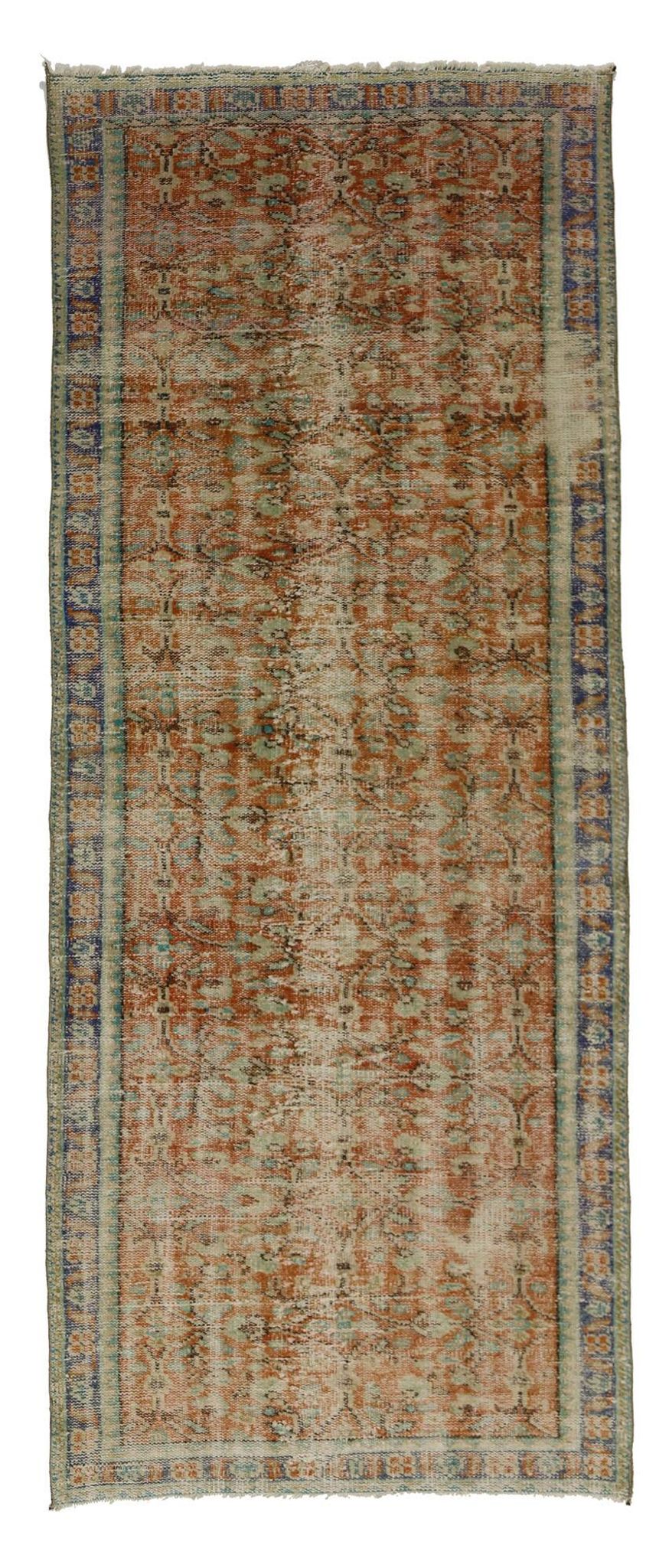 Tapis Oushak Ancien en Longueur – Couleurs Terre & Bleu, 104 x 260 cm