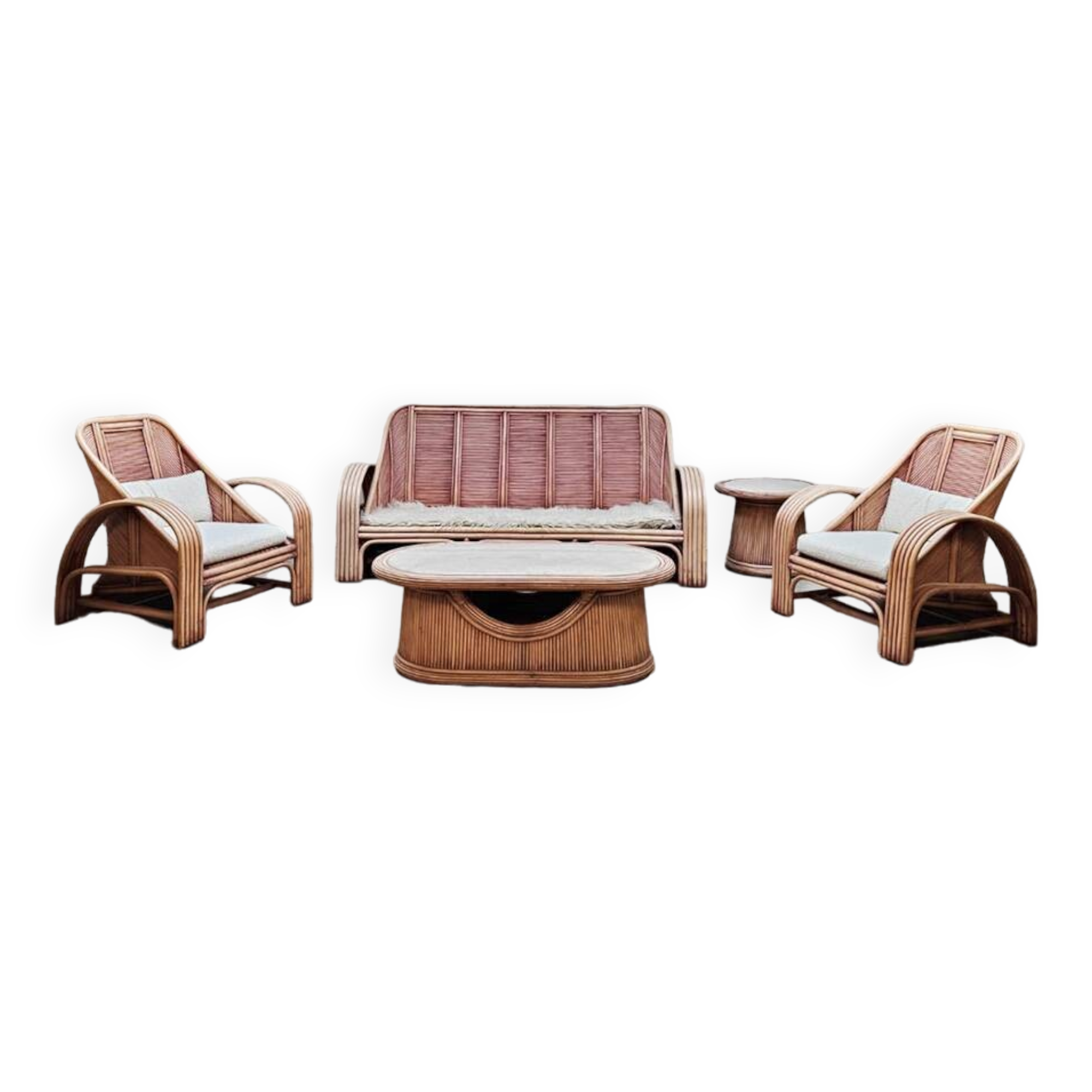 Ensemble de salon vintage en rotin rose et bambou