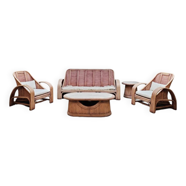 Ensemble de salon vintage en rotin rose et bambou