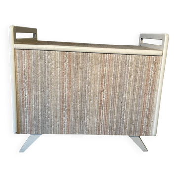 Vintage upholstered trunk, white lacquered wooden structure, 1960s-70s.