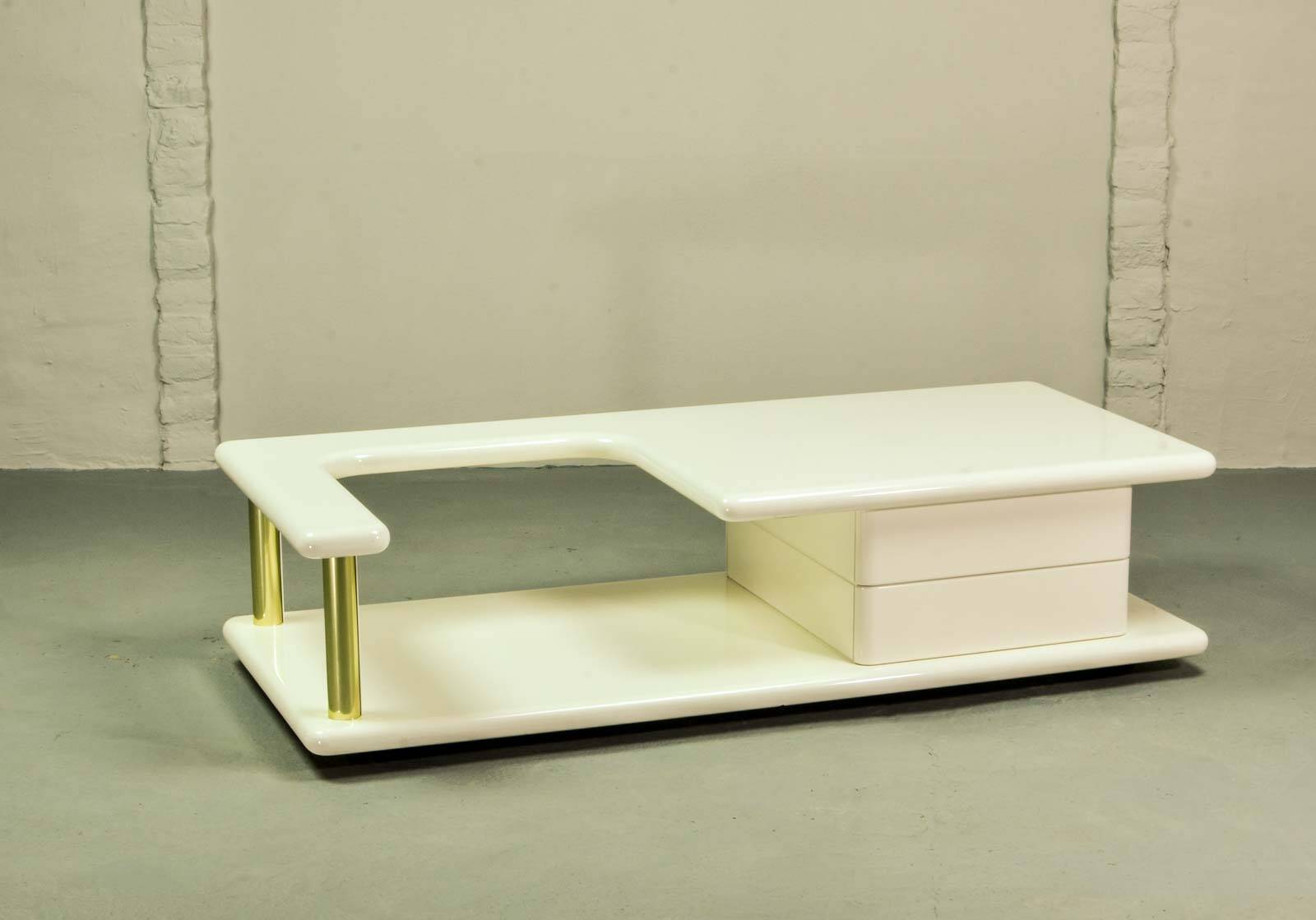 White High Gloss Free Form Italian Design Coffee Table w. Brass Accents 70s