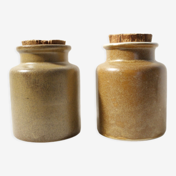 Set of 2 vintage mustard pots in brown glazed stoneware