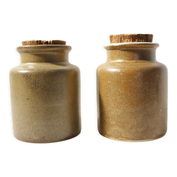 Set of 2 vintage mustard pots in brown glazed stoneware