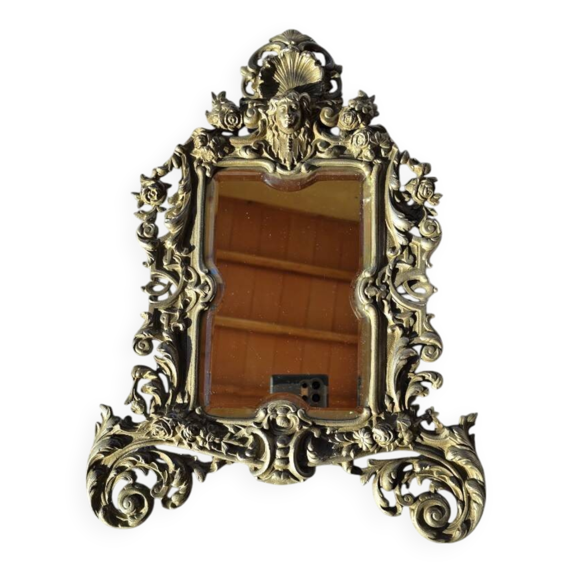 Gilded bronze wall mirror, beveled glass