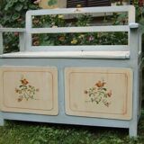 Hungarian storage bench painted grey in pine — Art Deco 1930, integrated chest