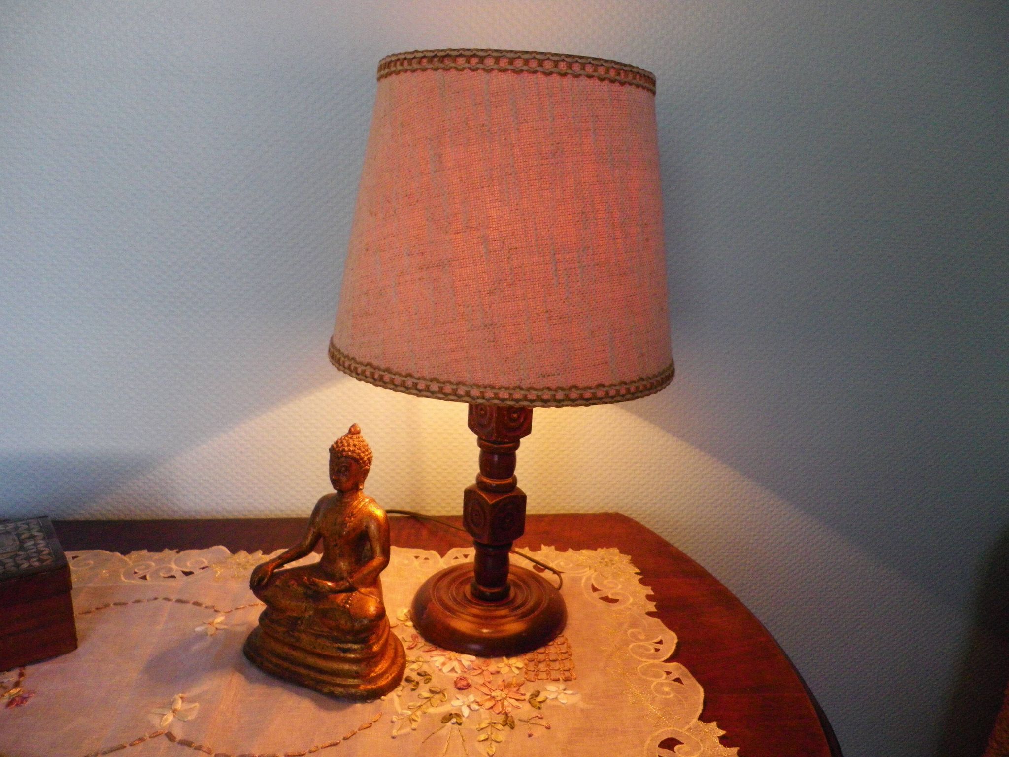 Wooden Desk Lamp with Geometric Design and Fabric Shade, France