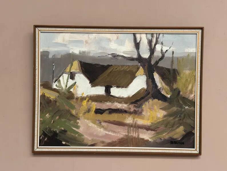 Original Swedish Oil on Canvas – "Farm" by Jörgen Bruun – Signed – Vintage and Framed – 41 × 31 cm (16.1" × 12.2")