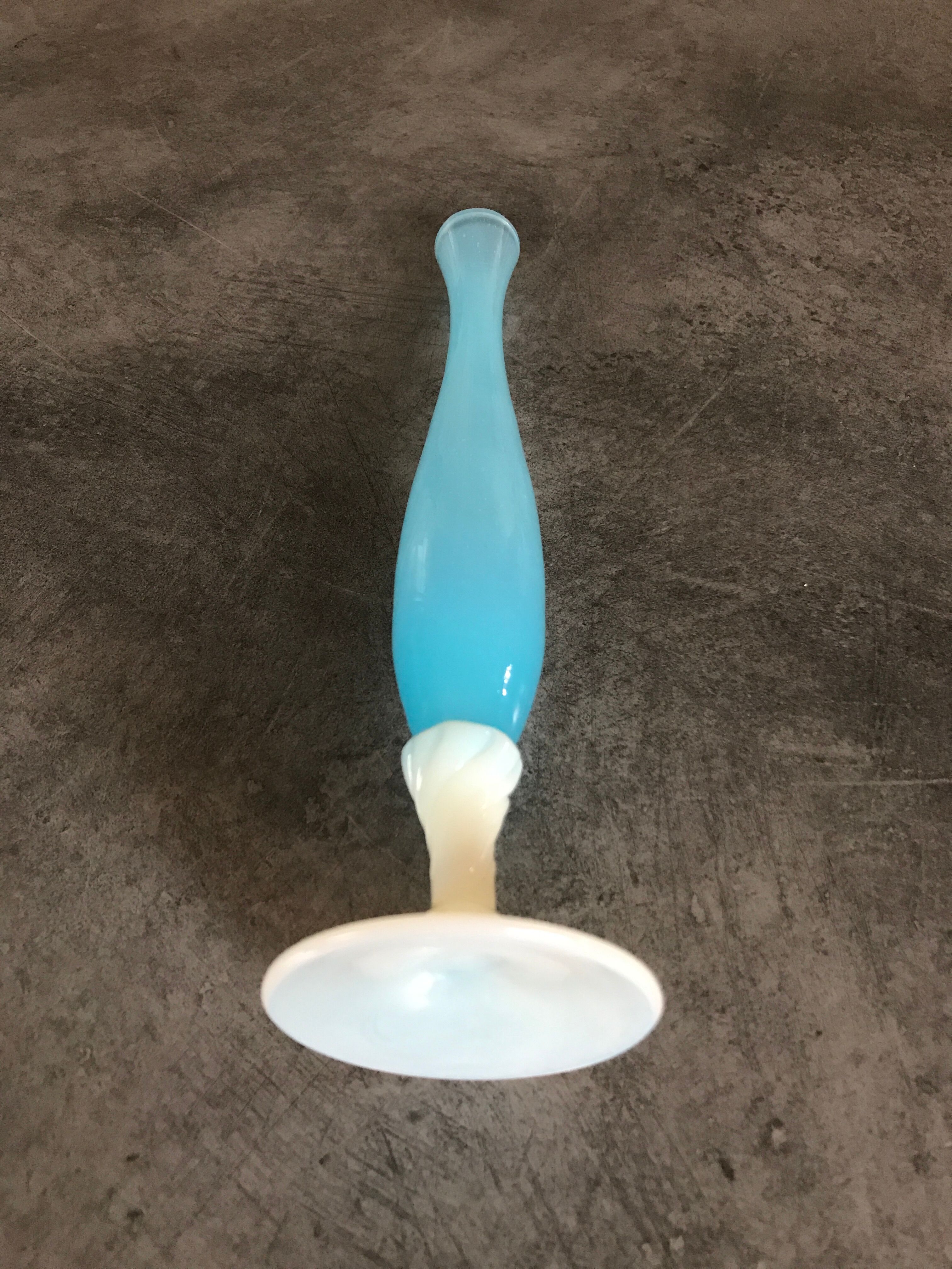 Vase soliflore in opaline turquoise blue color and white foot 24 cm