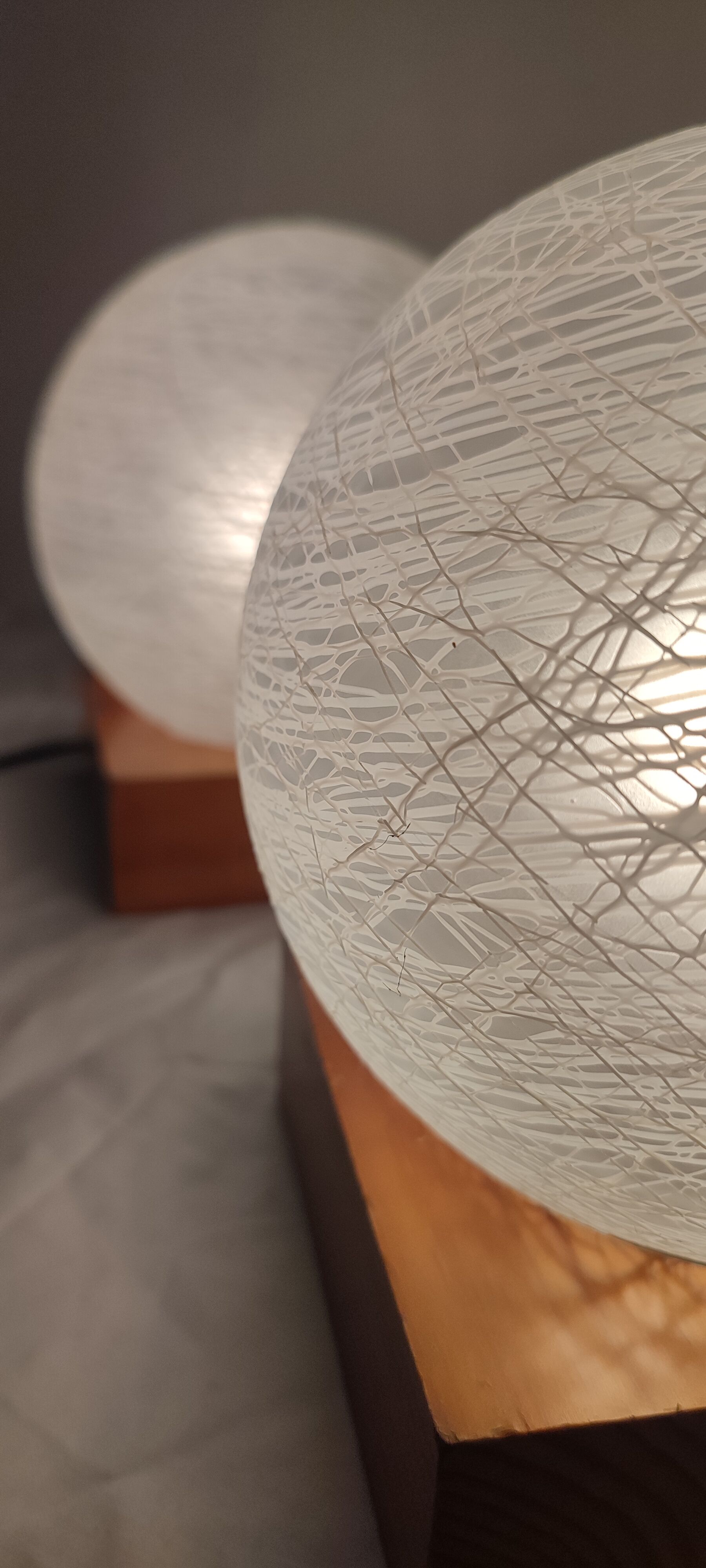 Pair of wooden and glass table lamps. Italy, 1970s.