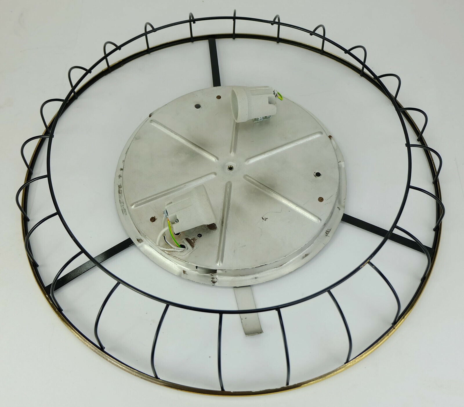 1930s to 50s glass ceiling lamp plafoniere with metal wire and brass frame