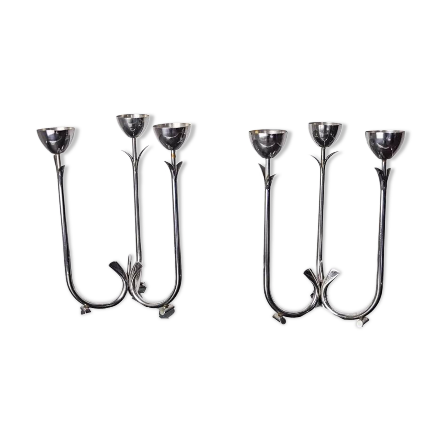 Pair of art deco stainless steel 3-flame candlesticks, Spain, 1970