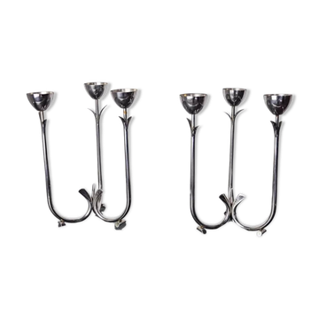 Pair of art deco stainless steel 3-flame candlesticks, Spain, 1970
