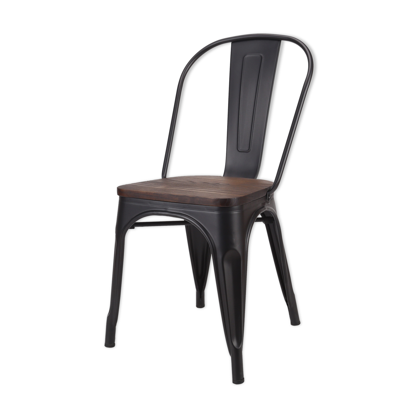 Industrial chair in matt black metal with dark natural wood seat