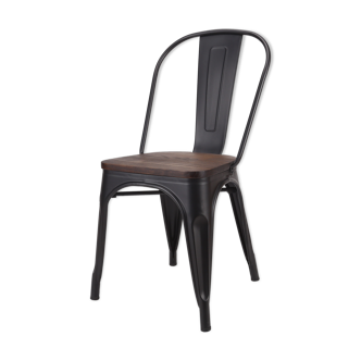 Chaise Industrielle en métal noir mat avec assise bois naturel foncé