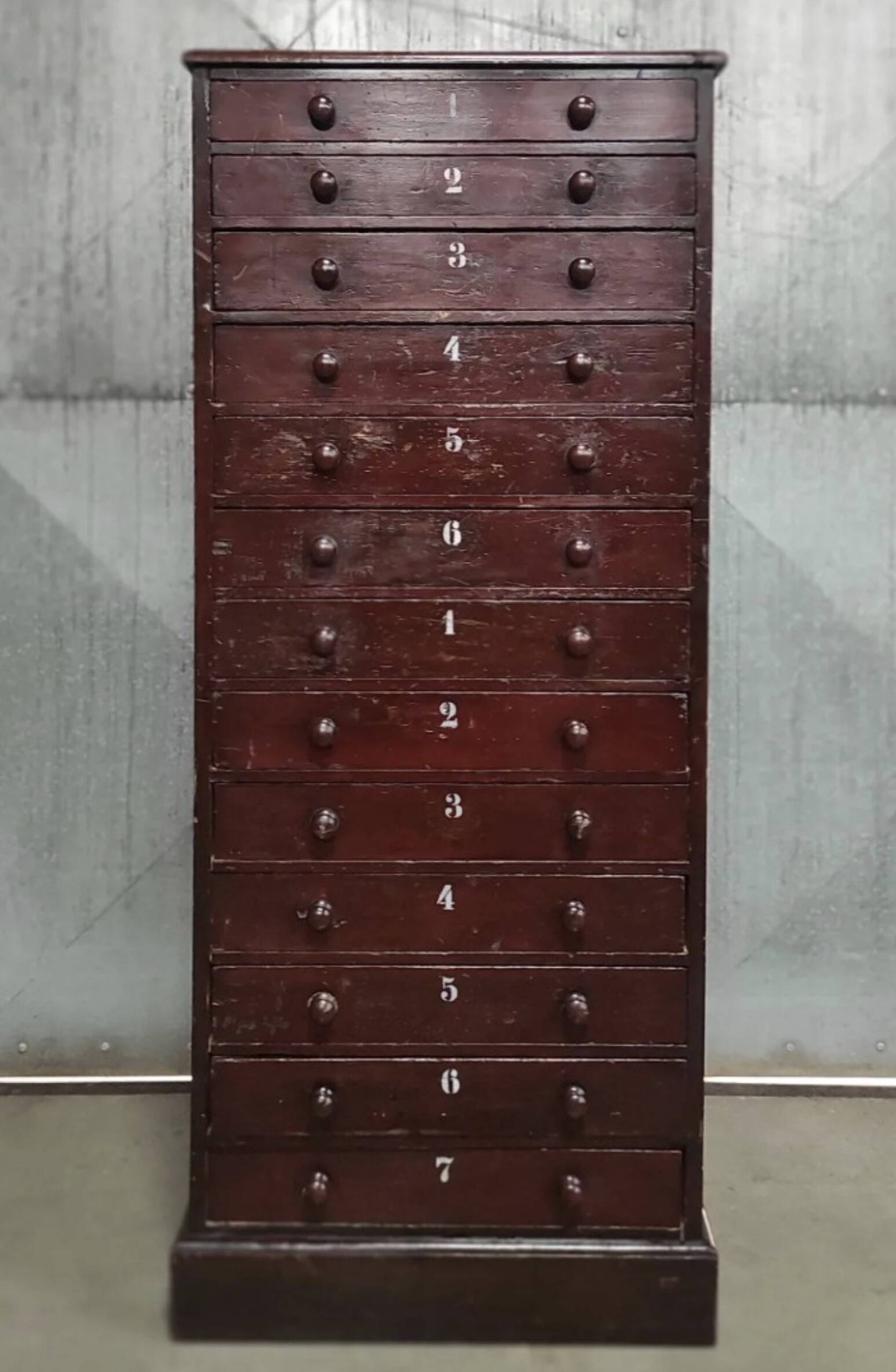 Vintage Drawer Cabinet with Dark Patina and Stenciled Letters