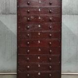 Vintage Drawer Cabinet with Dark Patina and Stenciled Letters