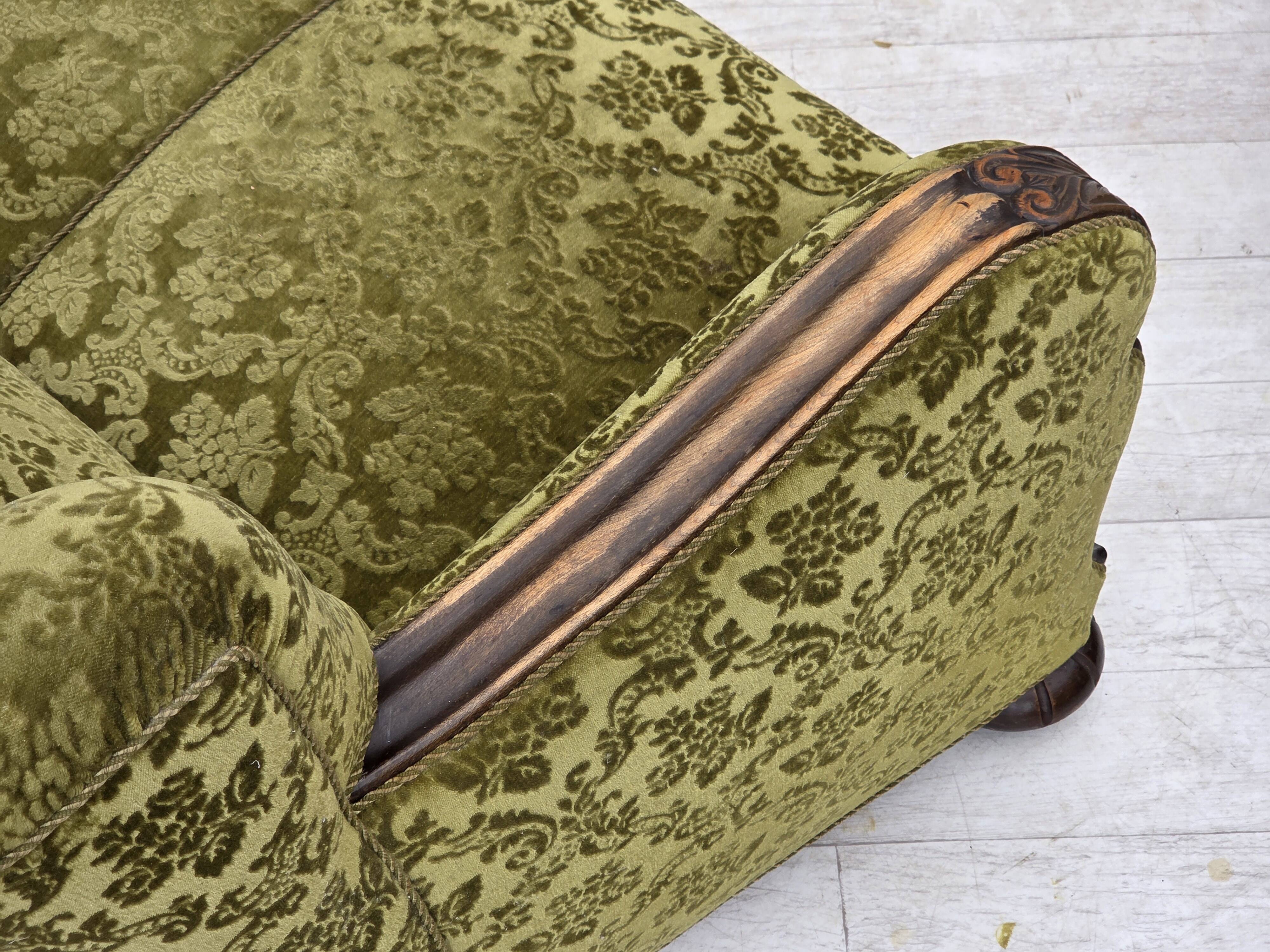 1960s, Danish 3-seater sofa, furniture velour, carved oak wood.