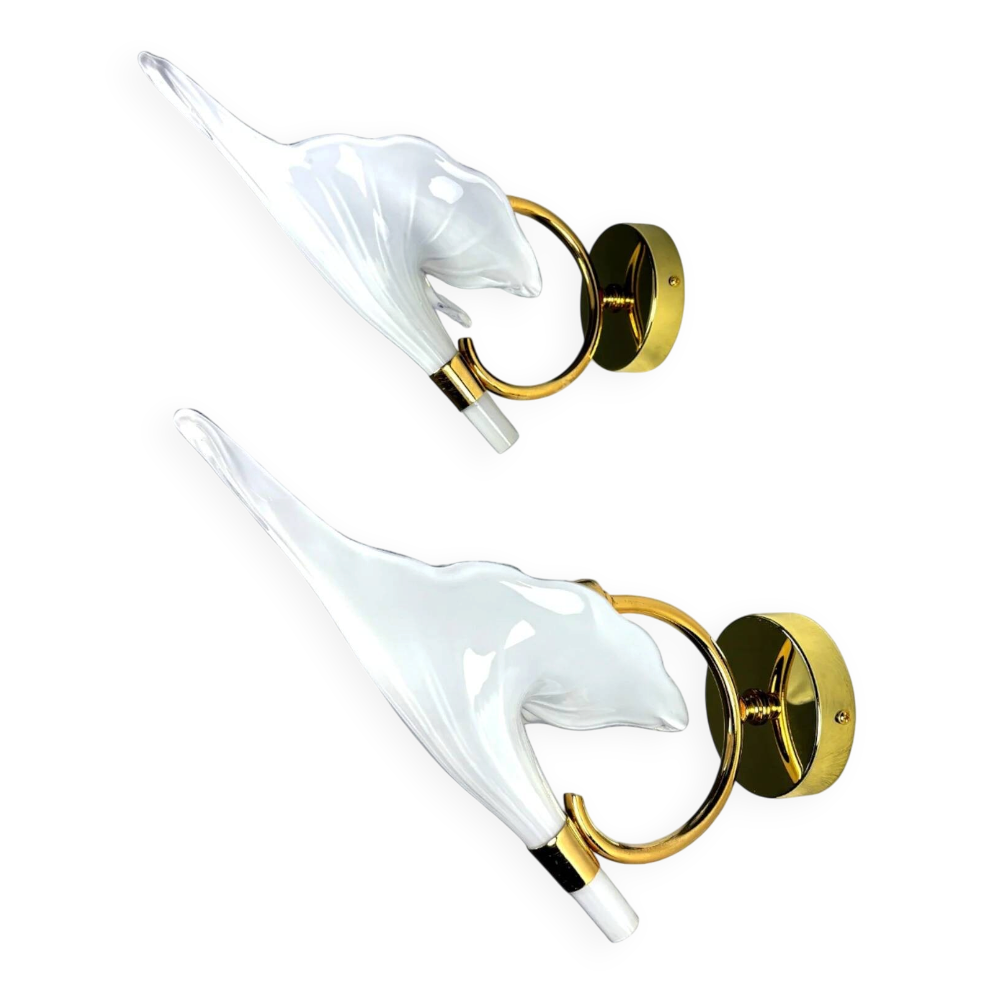 Pair of "Calla Lily" leaf-shaped wall sconces, Murano glass & gilt brass, Italy 1970s