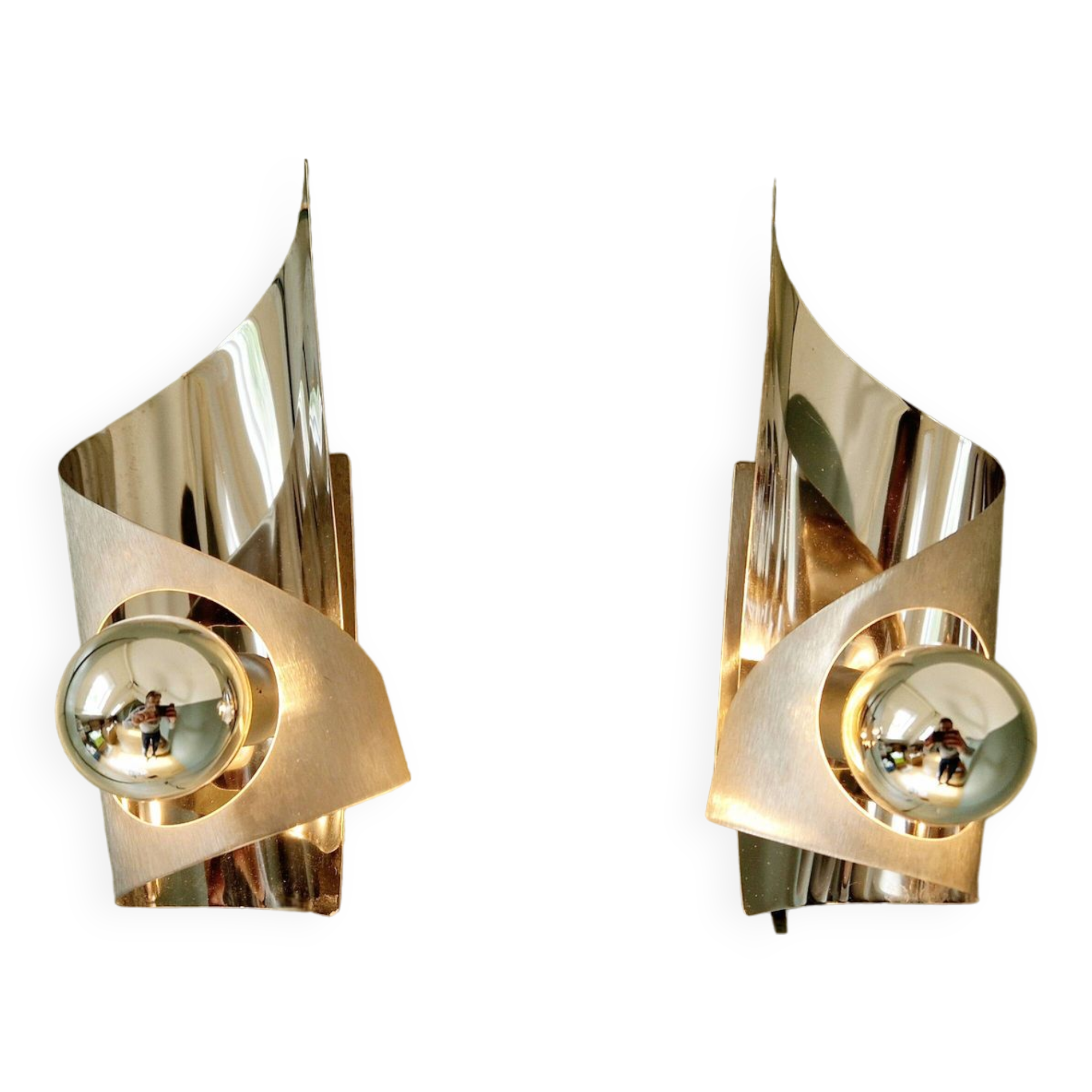 Pair of brushed aluminum wall lights, 1970s