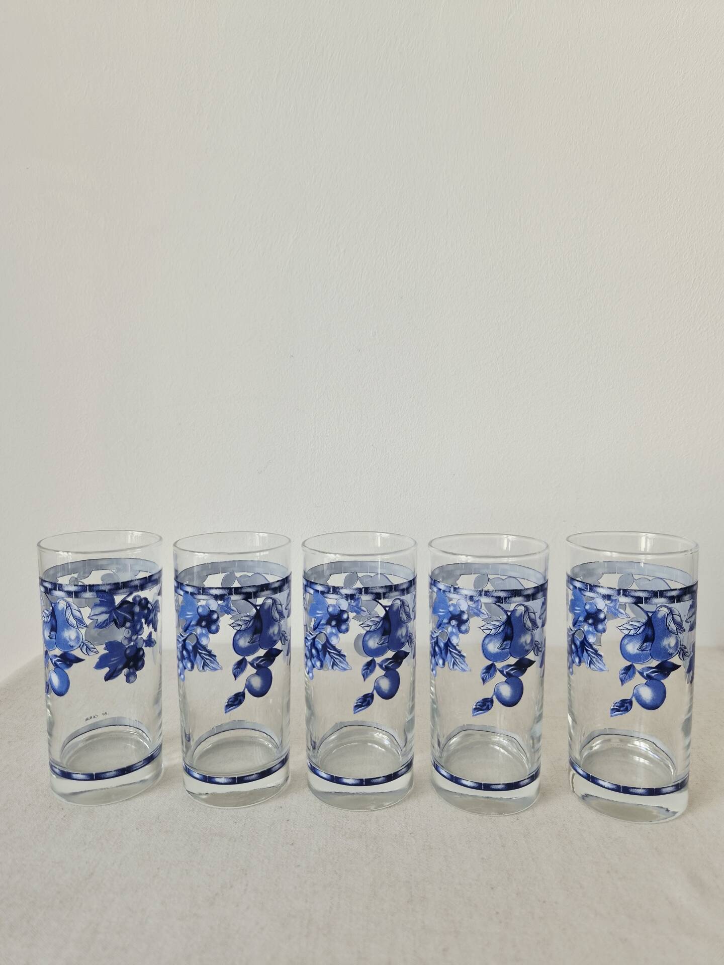 Set of 5 vintage glasses "Blue Fruit Pattern" 1970s - by Cervé Italy