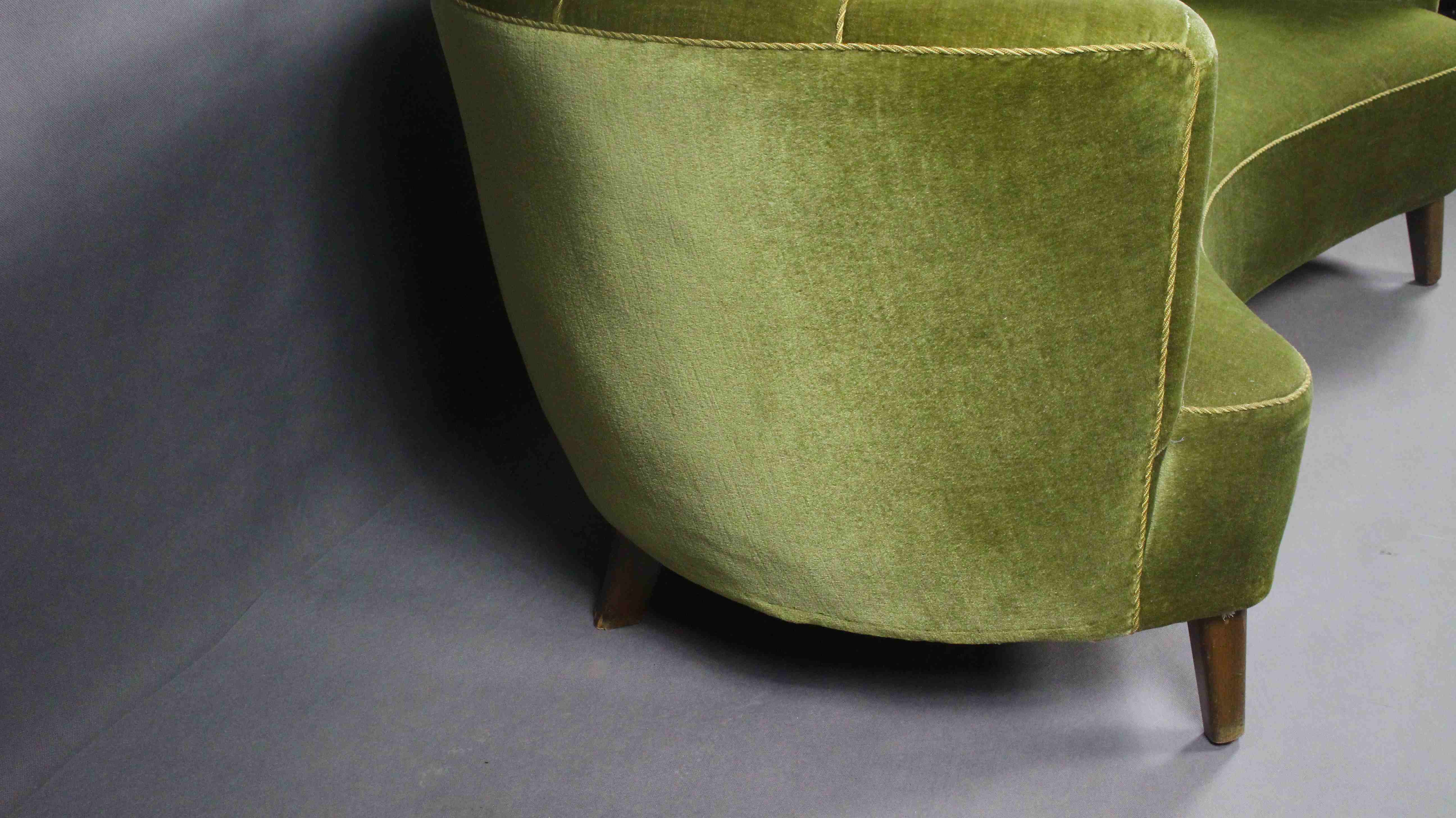 Danish curved velvet banana sofa, 1950