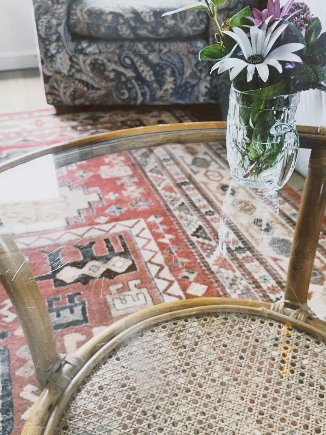 Vintage rattan and glass coffee table