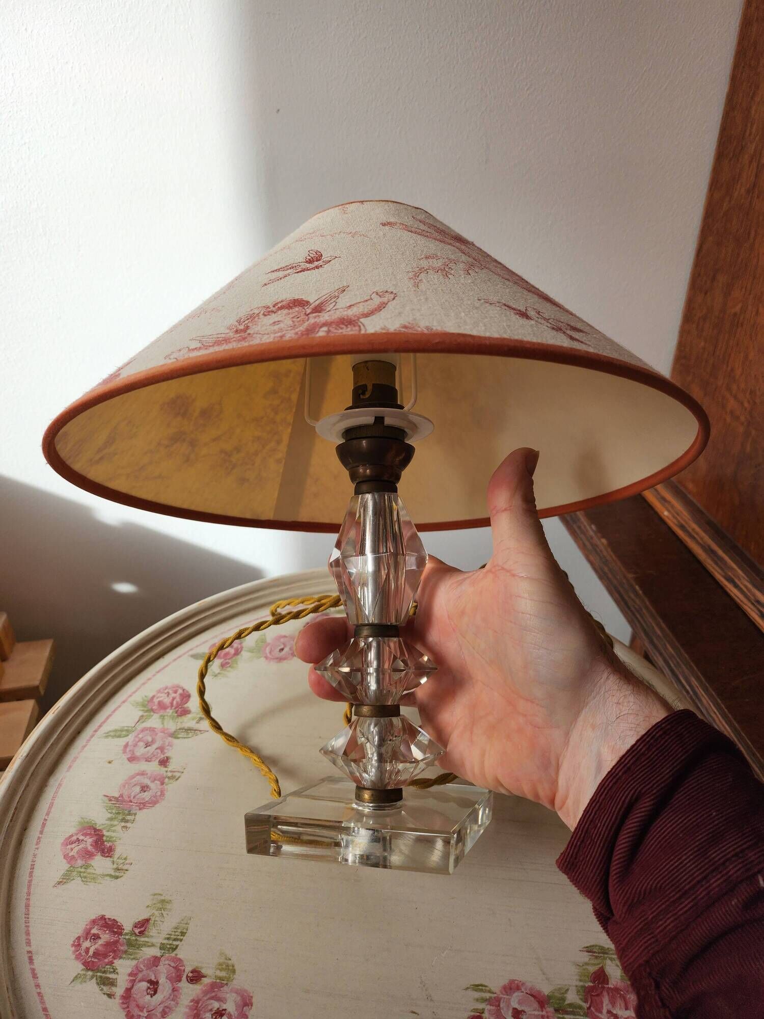 “Vintage” glass bedside lamp and its lampshade