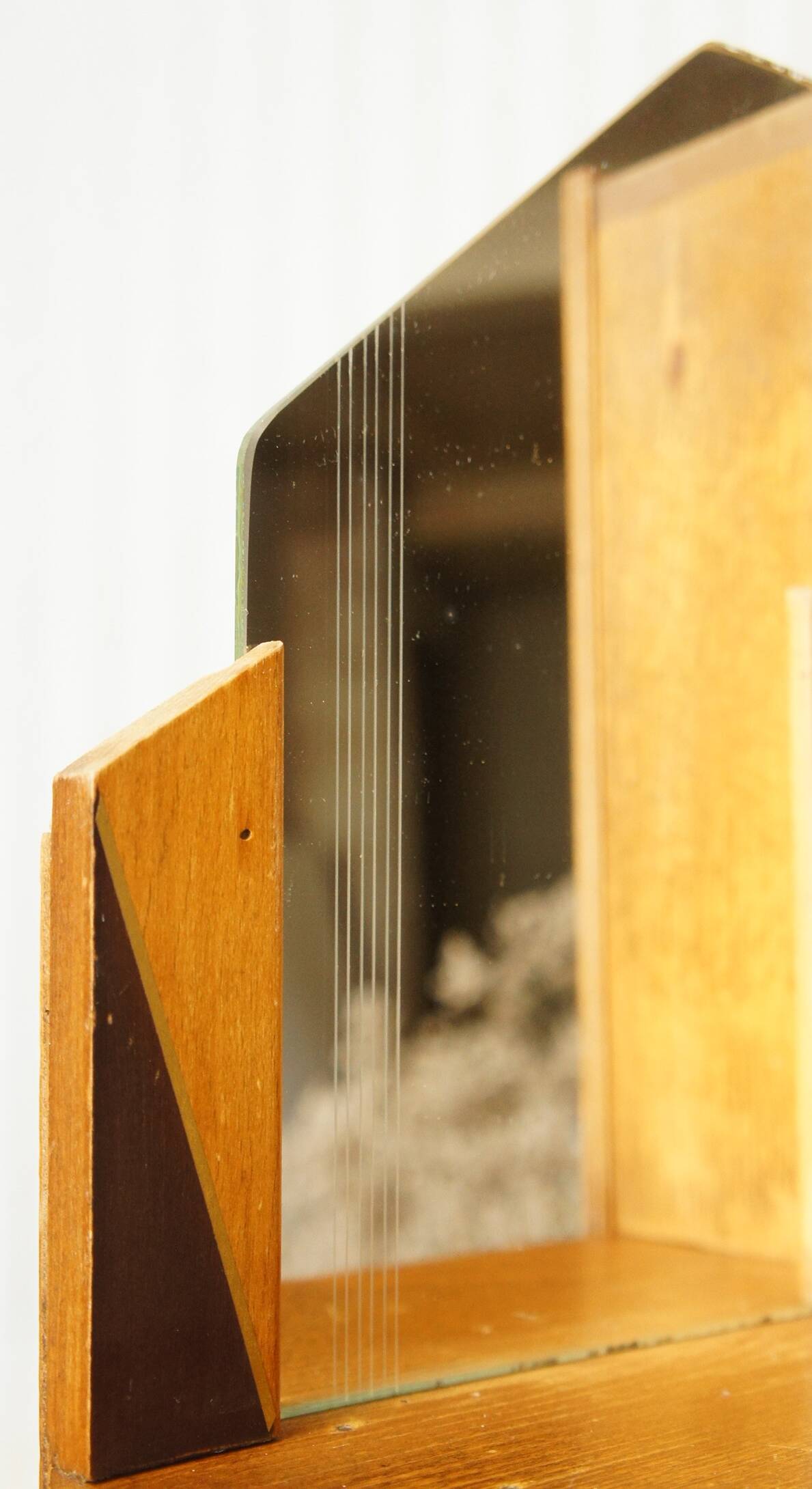 Asymmetrical art deco wall cabinet, drawer & mirror